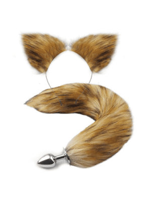 Kit plug rabo de raposa + tiara com orelhas
